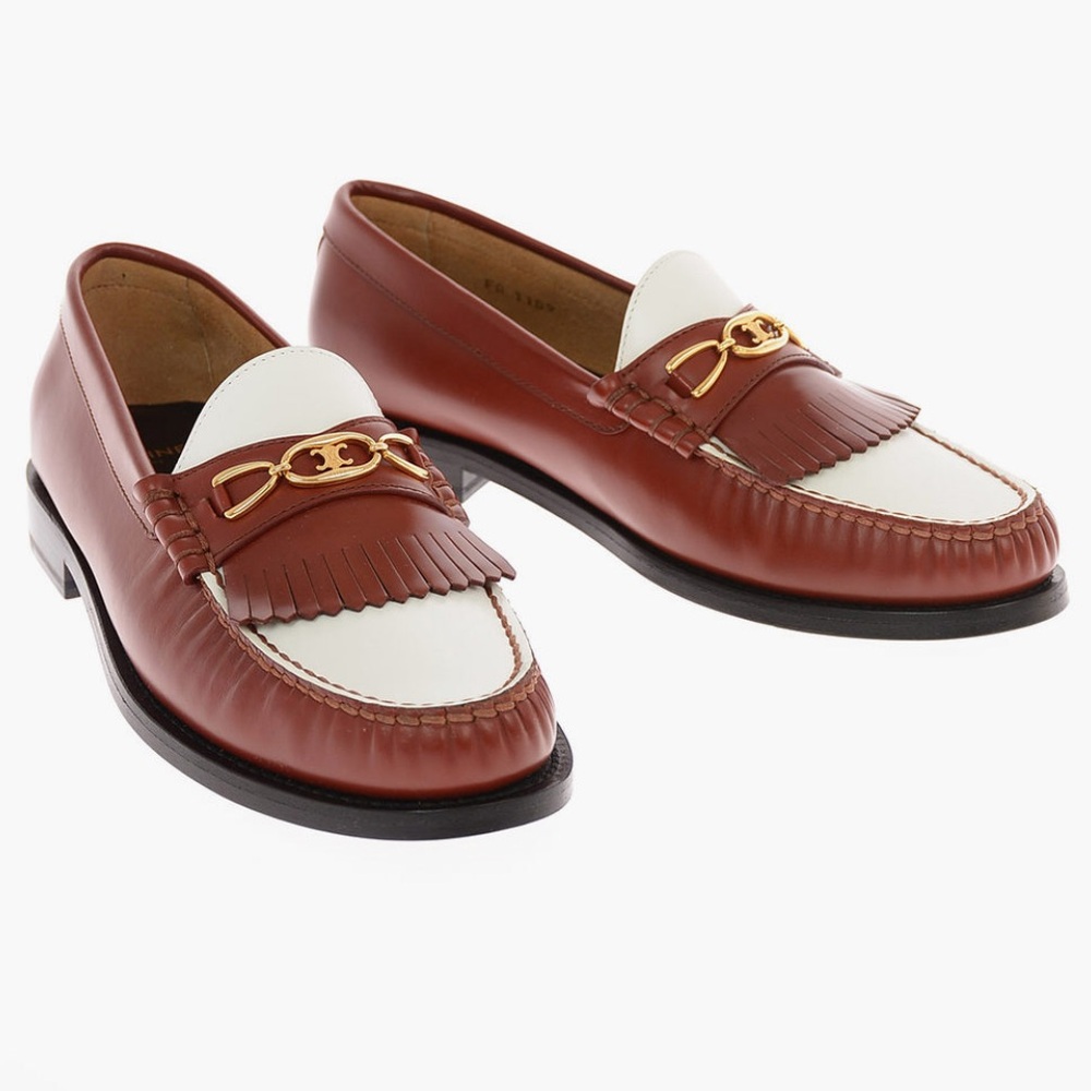 Celine Luco Polished Maillons Triomphe Moccasin Loafers Brown White - size 35.5